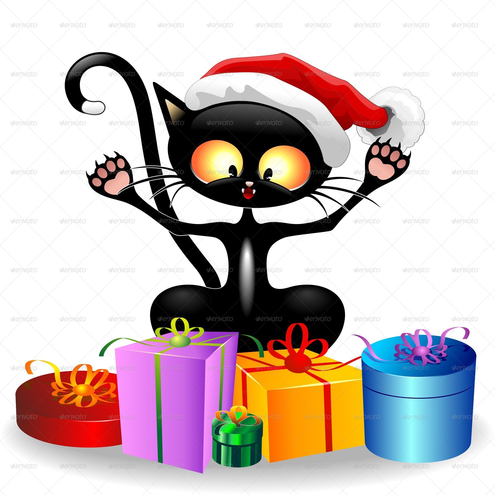 Happy Cat Cartoon with Christmas Gifts, Vectors GraphicRiver
